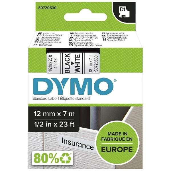 DYMO TAPE D1 12MMX7M BLACK ON WHITE
