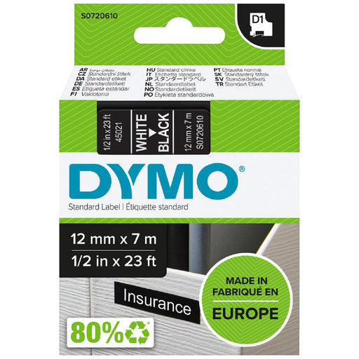 LABEL TAPE DYMO D1 DURABLE 12MMX3MM WHITE ON BLACK