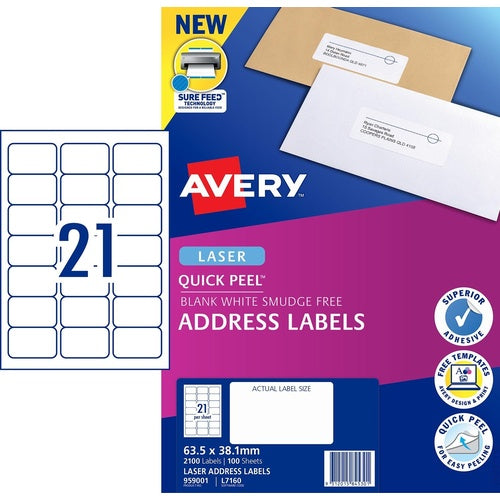 LABEL AVERY LASER L7160 RETAIL PK 21UP 952000 PACK 20 