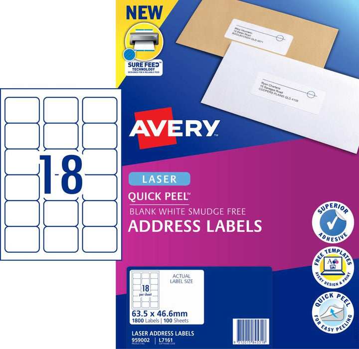 LABEL AVERY LASER L7161 RETAIL PK 18 UP 952001 PACK 20 