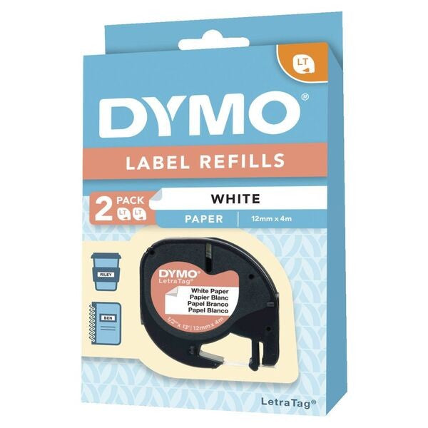 LABEL TAPE DYMO LETRA-TAG PAPER 12MM WHITE PACK 2