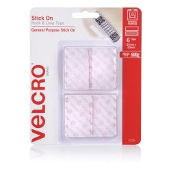 VELCRO 25X50MM STICK ON HOOK & LOOP TAPE WHITE PACK 6