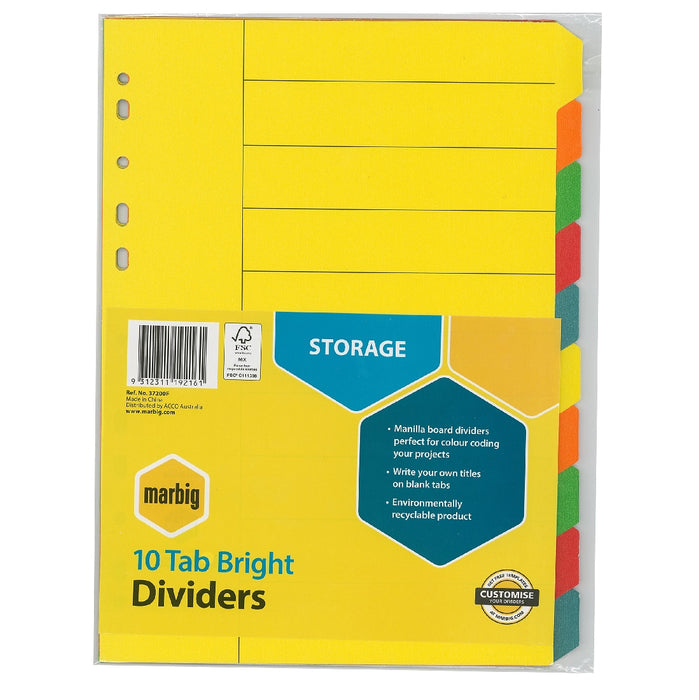 DIVIDERS MARBIG A4 MANILLA BRIGHT COL 10 TAB