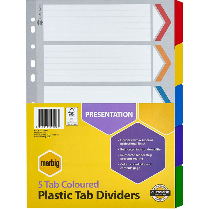 DIVIDERS MARBIG A4 MANILLA 5 TAB COLOURED