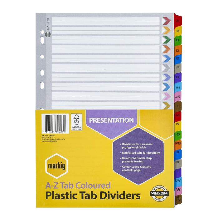 DIVIDERS MARBIG A4 MANILLA A-Z PLASTIC TAB COLOURED