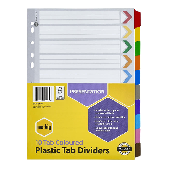 DIVIDERS MARBIG A4 MANILLA BOARD 10 TAB COLOURED