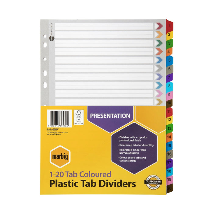 DIVIDERS MARBIG A4 MANILLA 1-20 TAB COLOURED