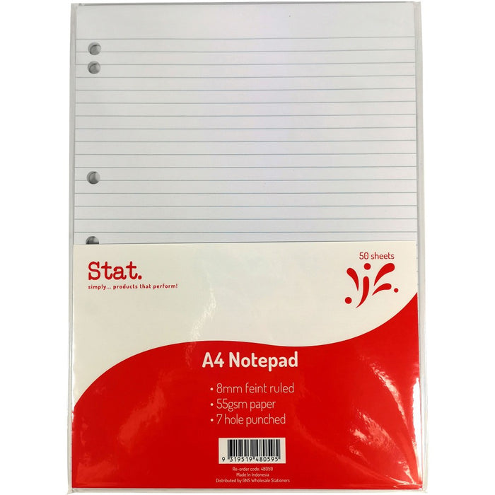 NOTEPAD STAT A4 55GSM 7MM RULING WHITE 50 SHEETS